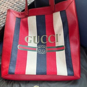 Gucci Red, Navy & White Stripe Canvas Tote with Green-Red Web